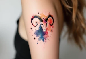 A watercolor-style Aries constellation blends shades of crimson, gold, and indigo to reflect the zodiac's passionate energy. tattoo idea