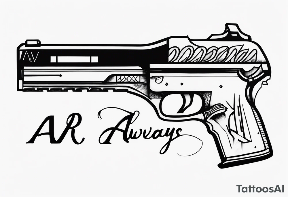 The letters AR with a pistol on each side and the word always on the top and ready on the bottom tattoo idea