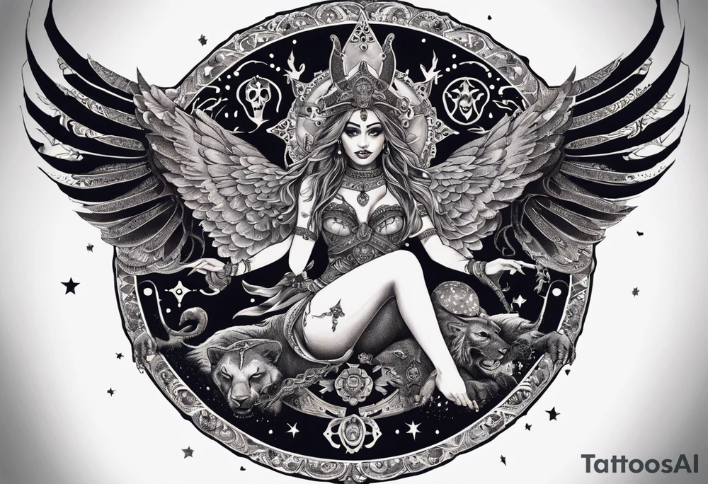 black kali, goddess pirate, alien, angel, pachamama, valkrye, warrior, flying, skull, lotus azul, wing, eagle, zenza resonance, stars, 5D, anahata chakra, death, durga, riding on a tiger, flying lady, kundalini, chest tatoo tattoo idea