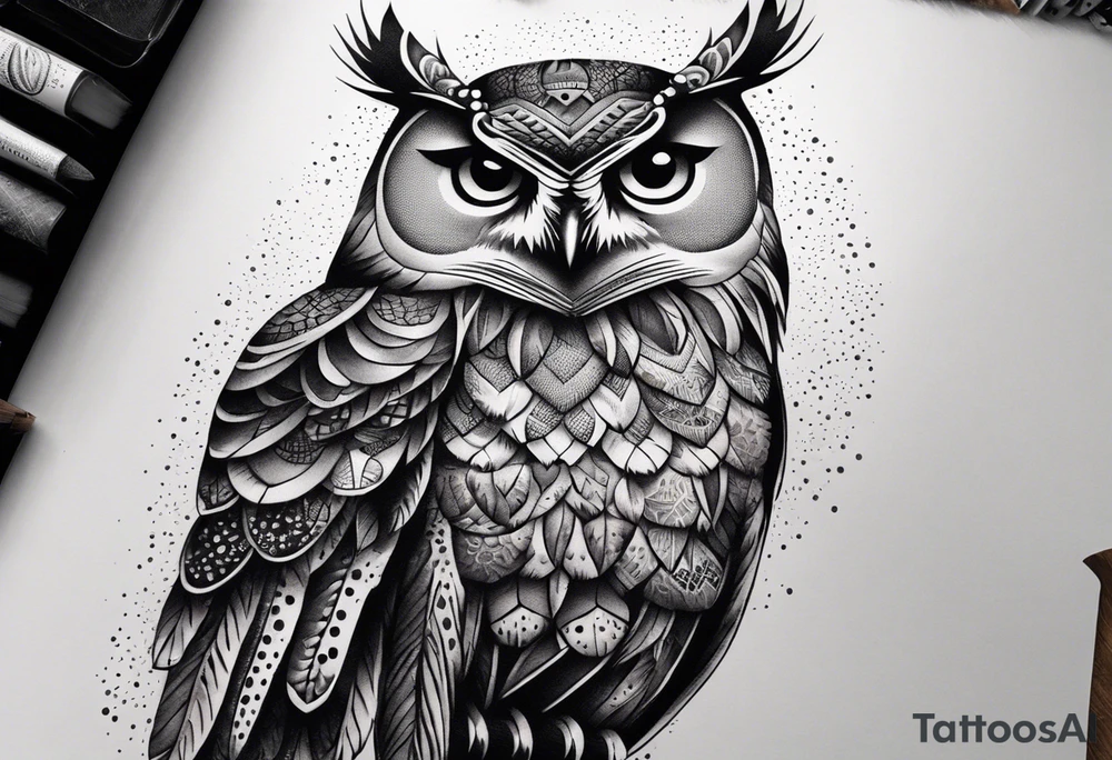 “A wise owl perched on a branch, with large, expressive eyes and intricate feather patterns, representing wisdom tattoo idea