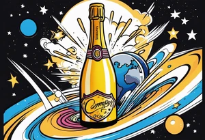 A champagne bottle exploding in space, above the world tattoo idea