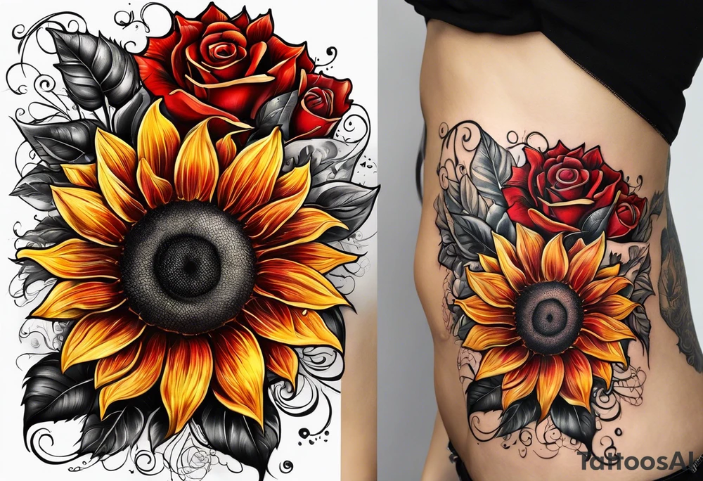 Sunflower and roses with the name Arianna in red scrip letters and “you are my sunshine” tattoo idea