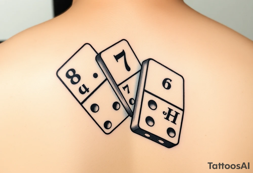 „Tattoo design of three domino tiles falling like in a domino chain, leaning against each other in motion. Realistic retro style, black and grey shading, not fine-line. The tiles show the numbers: one with 8 (4+4), one with 7 (4+3), and one with 6 (six dots on the bottom half). On the top half of the domino with 6, add the initials ‘JH’ in elegant retro lettering. Slightly worn, vintage realistic tattoo look.“ tattoo idea
