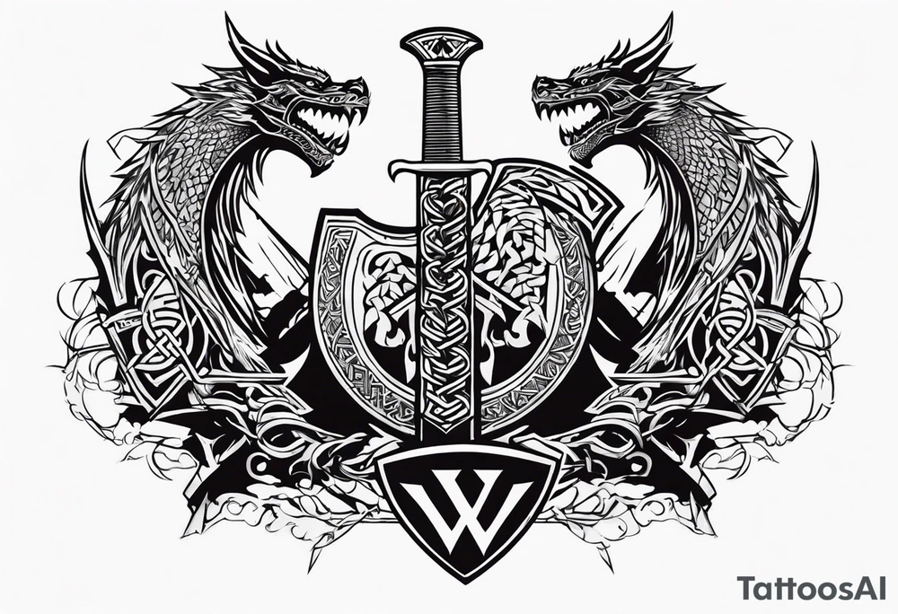 Valhalla sword shield dragon axe Valknut barbed wire chains tribal tattoo idea Valhalla sword shield dragon axe Valknut barbed wire chains tribal tattoo idea