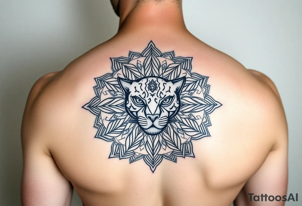 intricate mandala with a sacred panther with geometry and cosmic elements tattoo idea