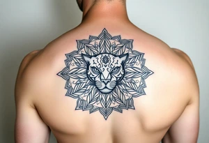 intricate mandala with a sacred panther with geometry and cosmic elements tattoo idea