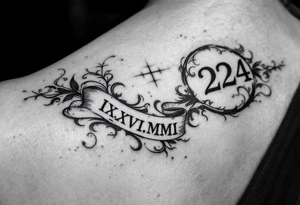 IX.VII.MM. and II.XXV.MMII with a space between them in a balanced and symmetrical layout, along with the number 224 tattoo idea