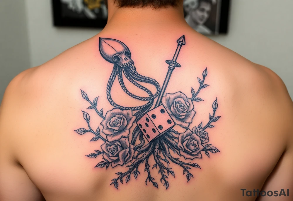squid, knight intertwined with roses and tree roots rolling dice tattoo idea