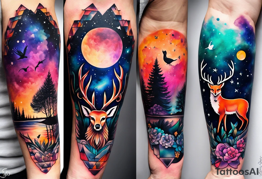Arm tattoo featuring stag, fox and birds in canal in Amsterdam in space featuring galaxy colours and watercolour tattoo idea