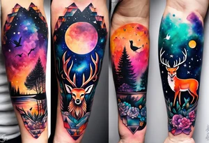 Arm tattoo featuring stag, fox and birds in canal in Amsterdam in space featuring galaxy colours and watercolour tattoo idea