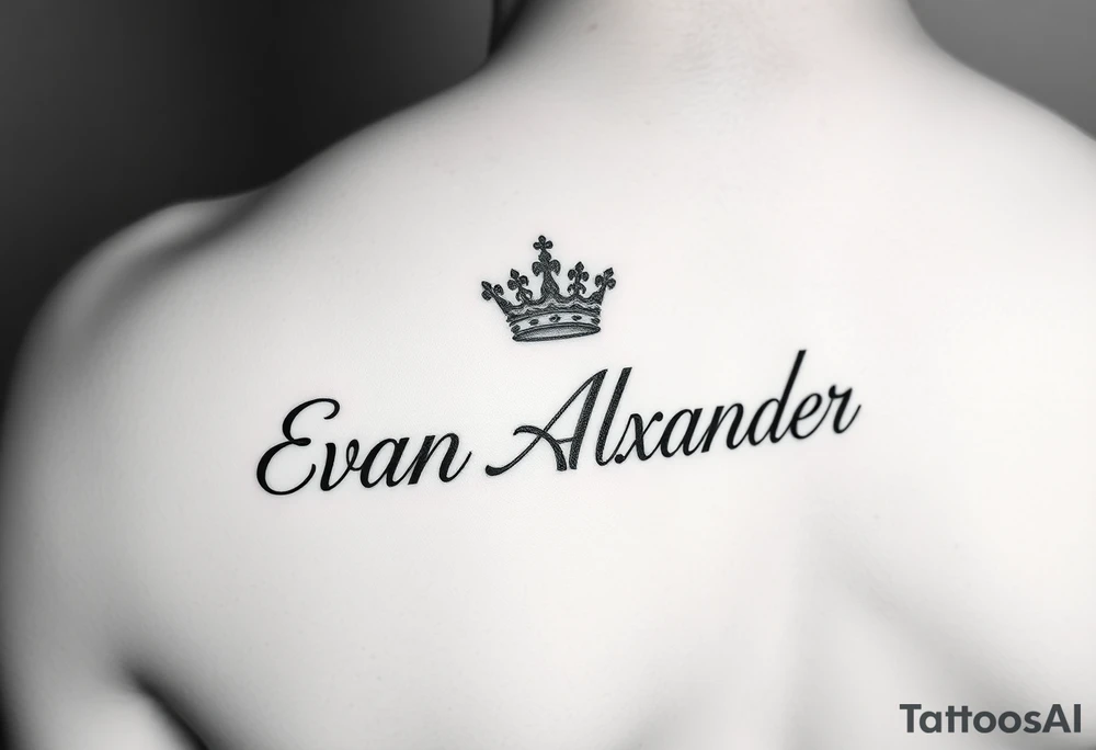 Name tattoo that says Evan Alexander with a crown on forearm tattoo idea