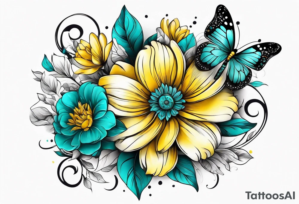 Arm sleeve with yellow and teal flowers and butterflies tattoo idea