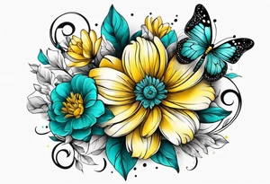 Arm sleeve with yellow and teal flowers and butterflies tattoo idea