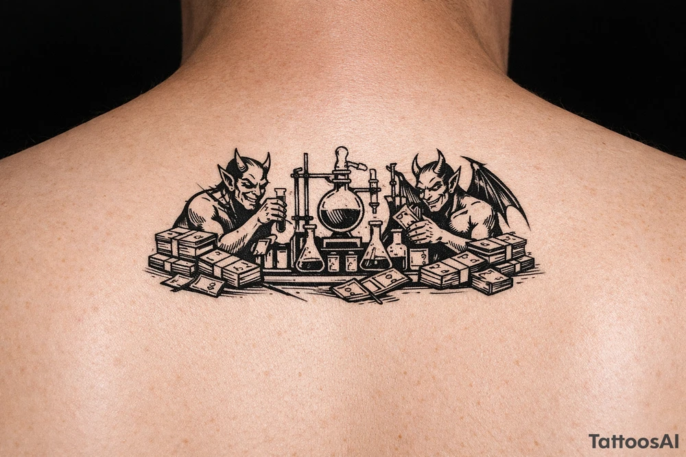 Meth lab with demons and money tattoo idea