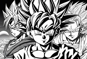 Son-Goku as a child in the foreground and an older version of him as a super saiyajin behind him. A huge dragonball surrounds the whole scenery. Fokus friends are surrounding him as shadows tattoo idea