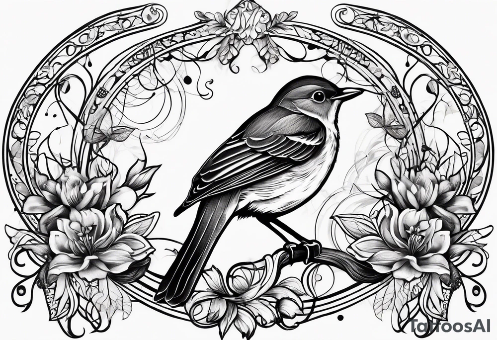 Design a small, elegant tattoo of a nightingale in a gentle pose, surrounded by soft musical notes or floral elements tattoo idea