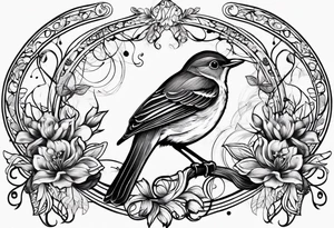 Design a small, elegant tattoo of a nightingale in a gentle pose, surrounded by soft musical notes or floral elements tattoo idea