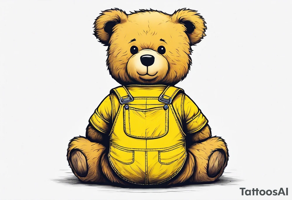 the back of a standing teddy bear in yellow overalls tattoo idea