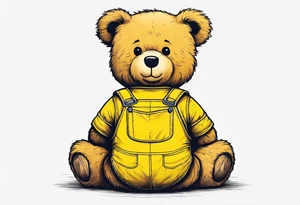 the back of a standing teddy bear in yellow overalls tattoo idea