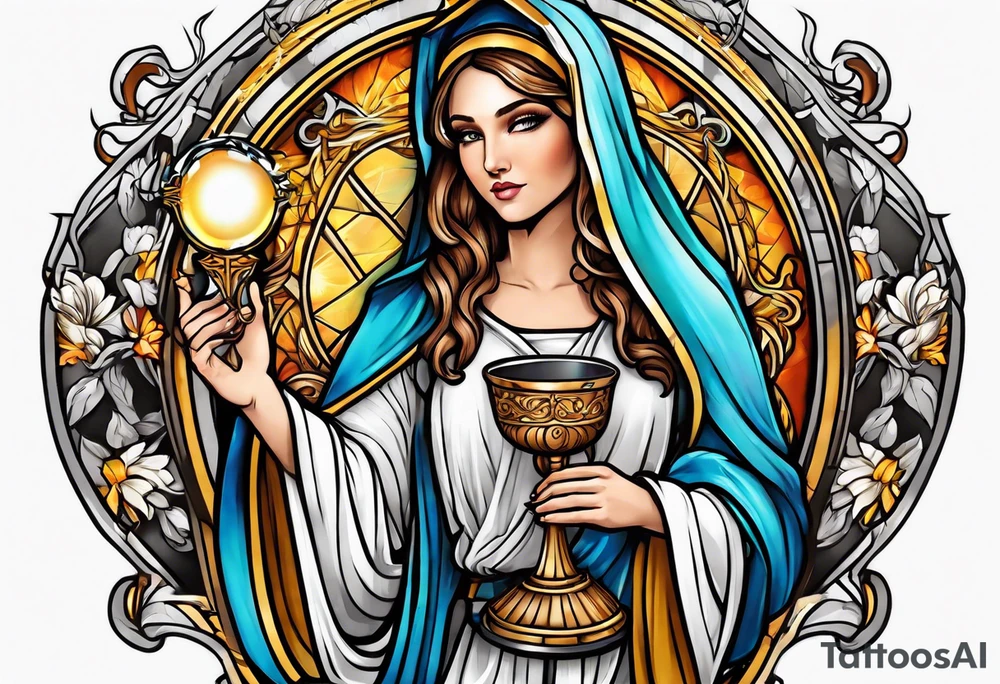 Female saint holding a chalice tattoo idea