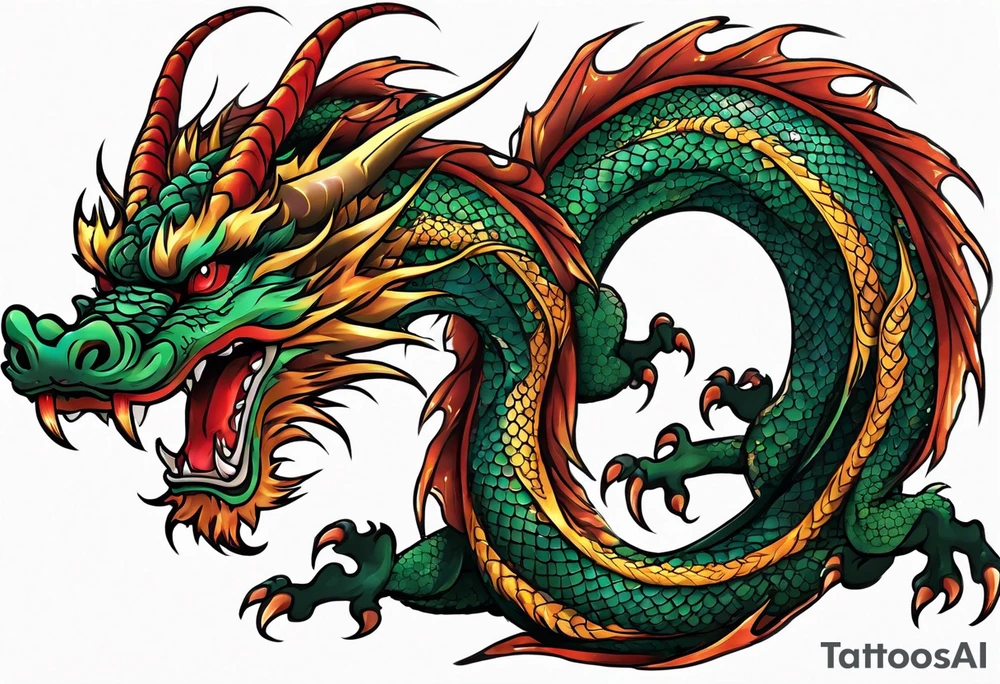 An epic floating asian dragon. Its long body coiling dynamically, with scales and horns detailed to create a sense of movement and strength. The dragon's color is giving a vibrant depth and a mystical aura. This tattoo highlights the dragon’s fierce expression and sharp claws. tattoo idea