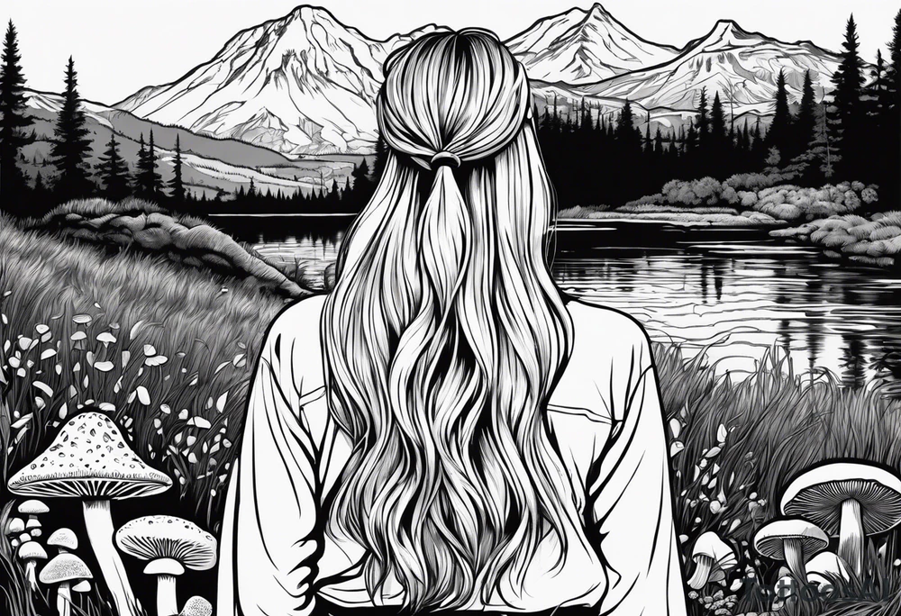 Whole picture encircled fully

Straight long blonde hair hippie girl in distance holding mushrooms in hand facing away toward mountains and creek surrounded by mushrooms long sleeve shirt and hiking pants; whole rendering within a full circle, no cut off circle tattoo idea