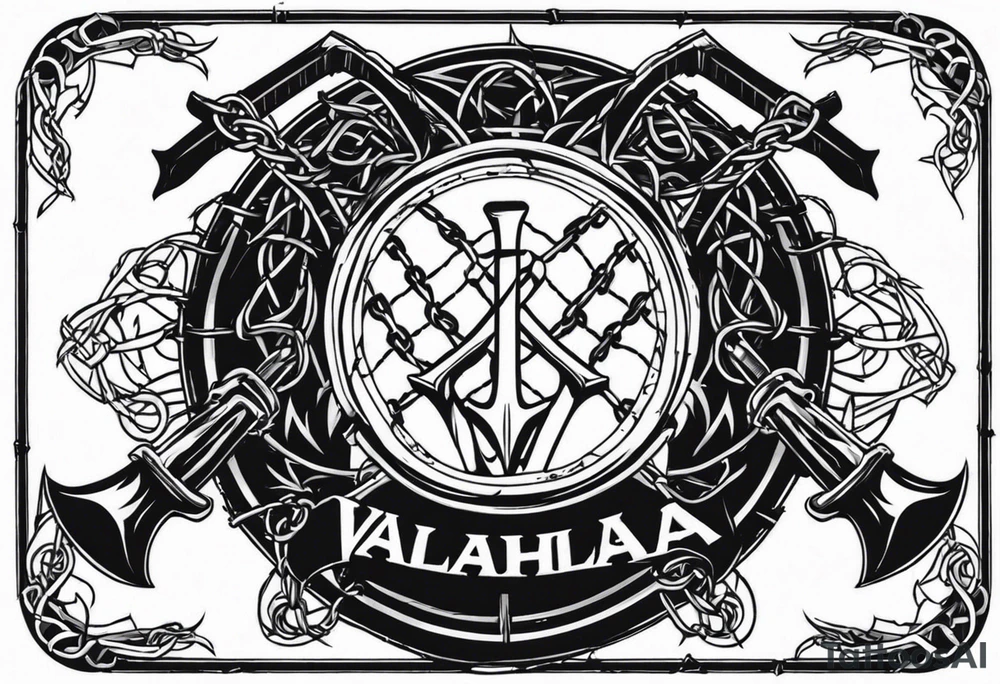 Valhalla round shield axe barbed wire chains tattoo idea