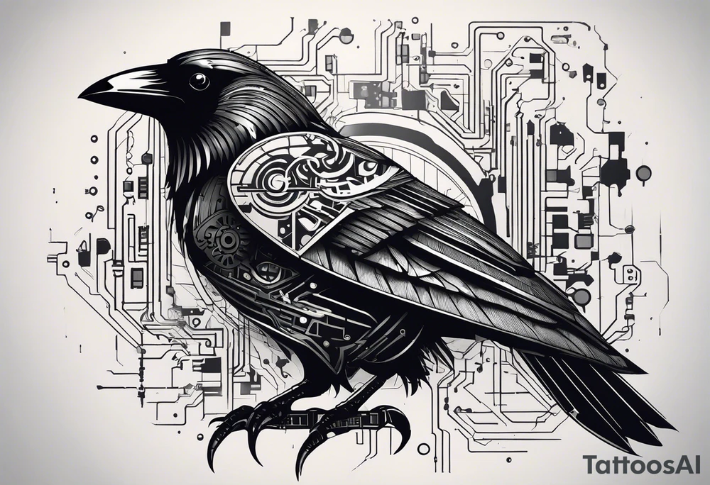 An epic-looking crow sitting on a perch with intricate circuit boards and PCB designs running throughout its feathers. The crow's eye features a tiny CPU fitting perfectly in its pupil. The tattoo will be placed on the outer bicep, primarily in black ink with a small splash of color to make certain elements pop. tattoo idea