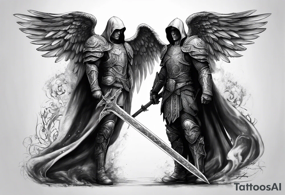 realistic full body of man angel of death, without face, with armour, holding sword in right hand tattoo idea