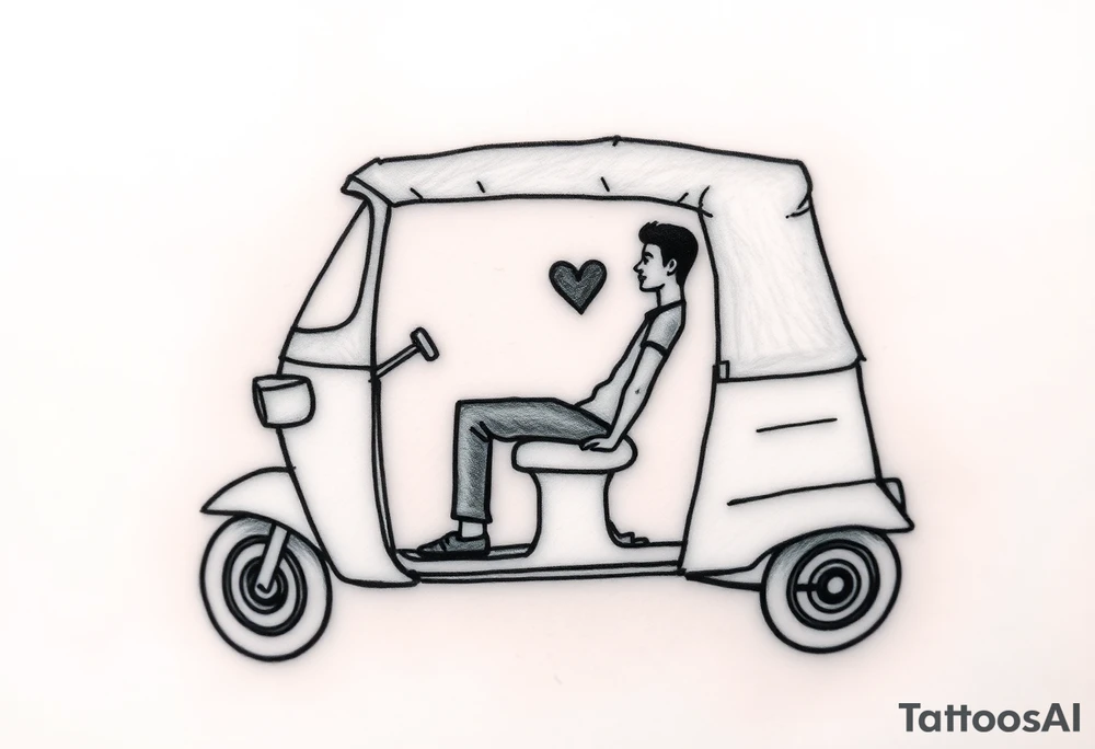 Create a simple tuk tuk. Add a boy in the vehicle. Add a heart to indicate that the boy is in love. tattoo idea