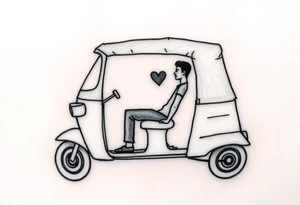 Create a simple tuk tuk. Add a boy in the vehicle. Add a heart to indicate that the boy is in love. tattoo idea