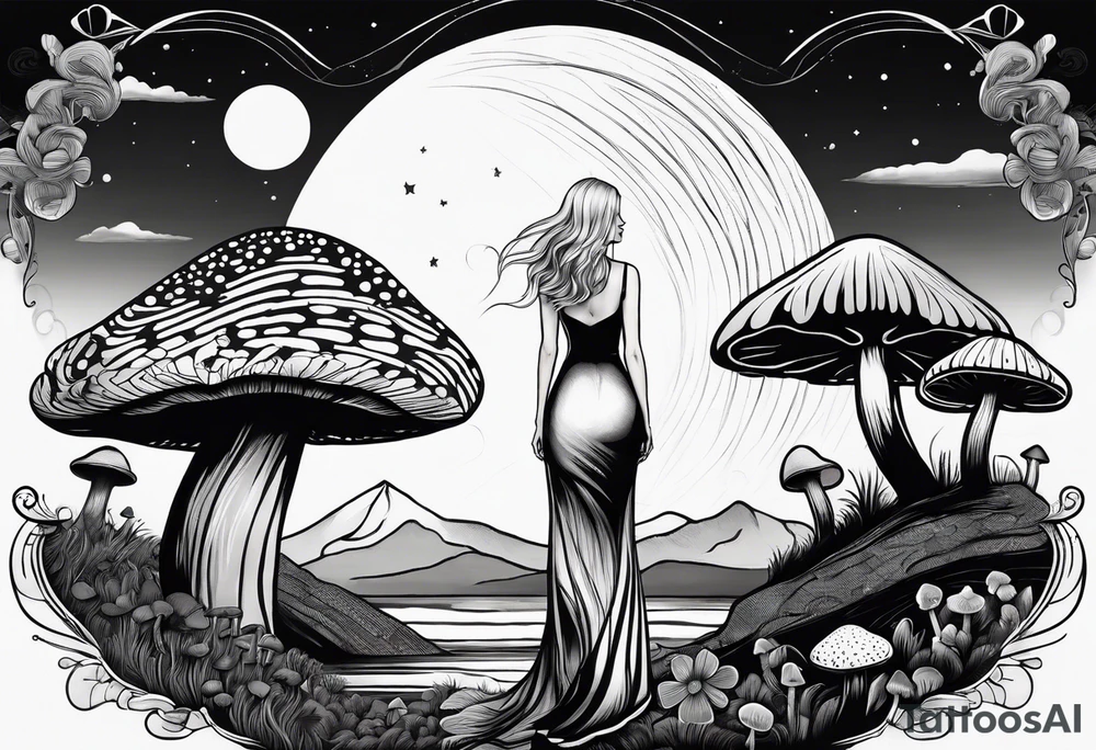 Straight blonde hair girl facing away toward mountains surrounded by mushrooms crescent moon circular design black and white striped dress tattoo idea