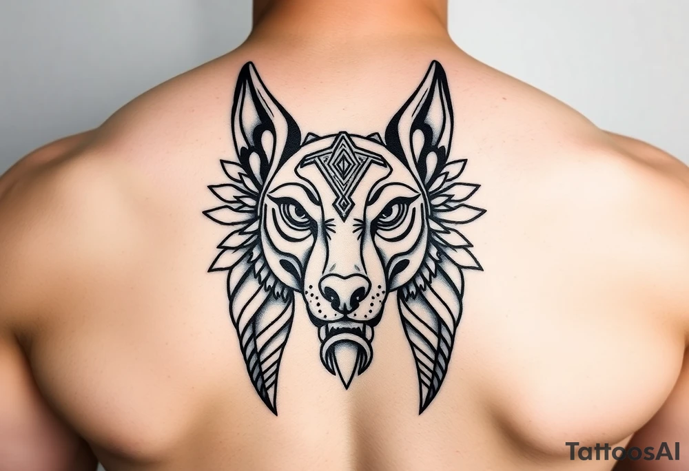 muscle Egyptian Anubis god face in Egypt style dog face tattoo idea