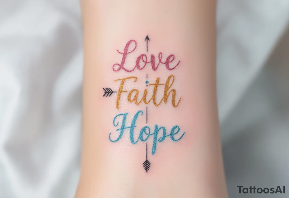 "Love" in dusty rose pink, "Faith" in antique gold, and "Hope" in sky blue, connected by a fine black arrow. tattoo idea