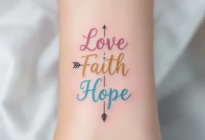 "Love" in dusty rose pink, "Faith" in antique gold, and "Hope" in sky blue, connected by a fine black arrow. tattoo idea
