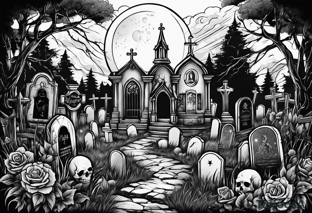 graveyard with moon tattoo idea