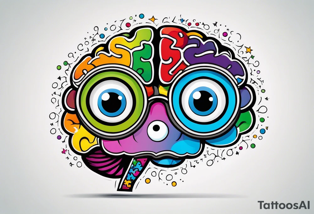 Colorful brain with eyeballs made of puzzle pieces tattoo idea