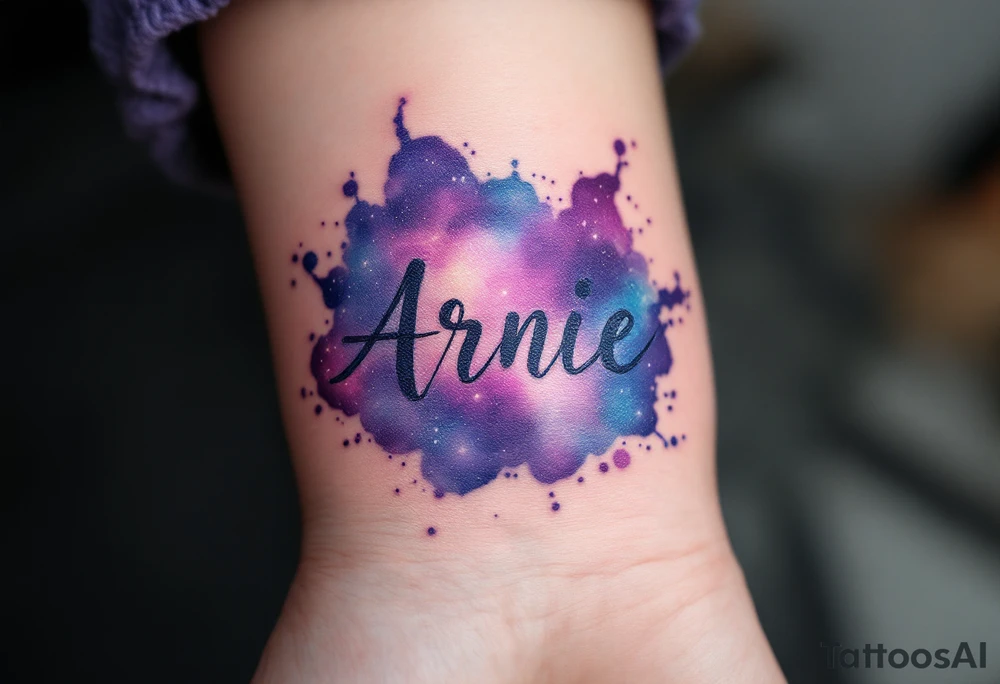 A galaxy-style tattoo with deep purples and blues, spelling out the son's name Arnie in nebula. tattoo idea