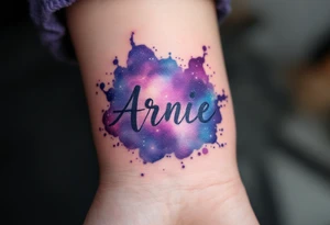 A galaxy-style tattoo with deep purples and blues, spelling out the son's name Arnie in nebula. tattoo idea