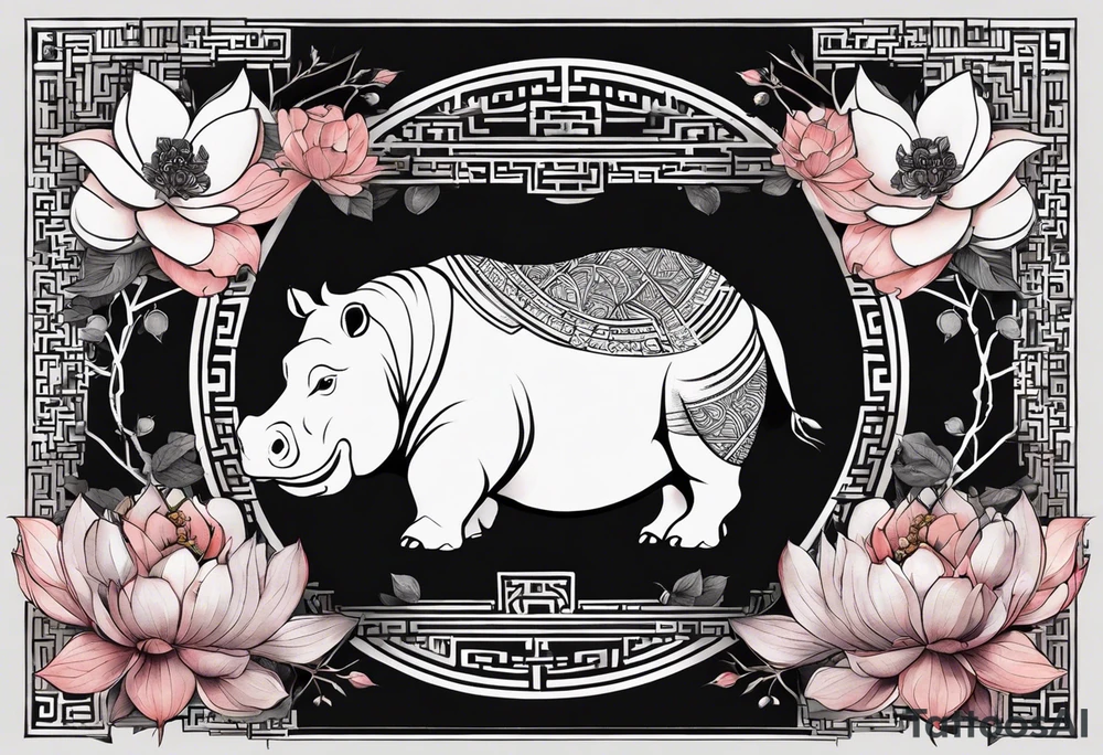 Very asymmetrical, +geometric pattern, with realistic full moon, with serious looking hippo, +zen feel, + Buddhism touch, +tribal, +geometric, +chinese inkart 
with wintersweet flower bud, +portrait orientation, +inkart touch, tattoo idea