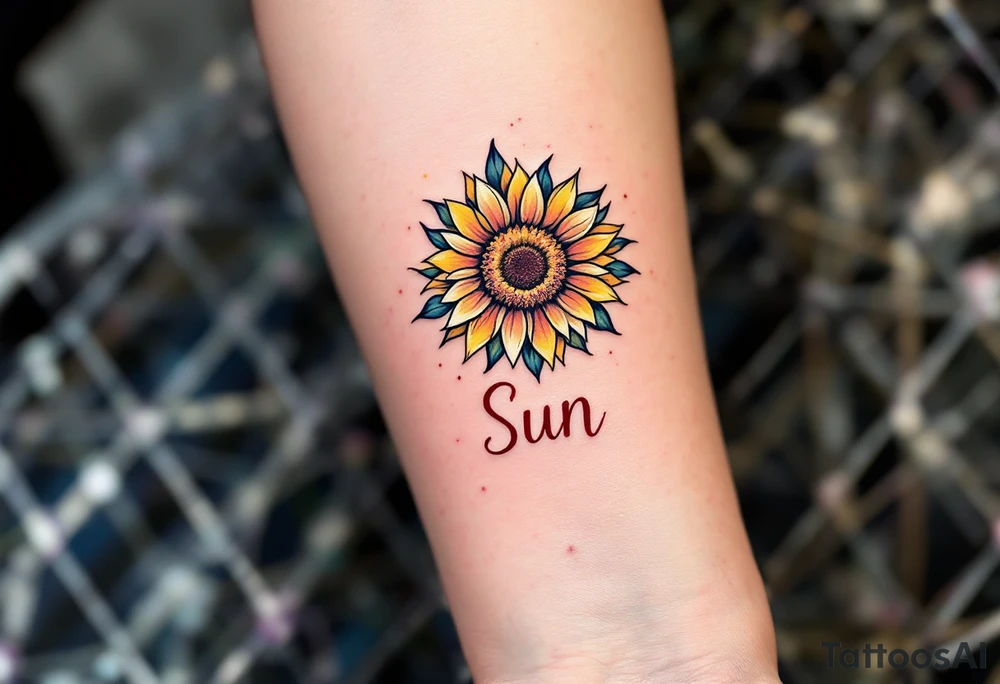 Word "Sun" written vertical with sunflower in pink tattoo idea