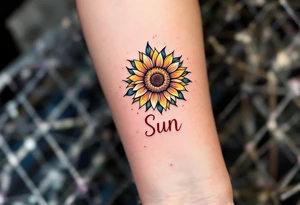 Word "Sun" written vertical with sunflower in pink tattoo idea