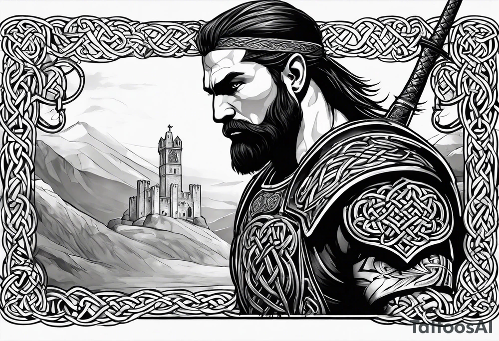 Celtic warrior facing left with sword drawn and irish background tattoo idea