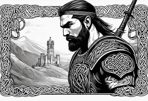 Celtic warrior facing left with sword drawn and irish background tattoo idea