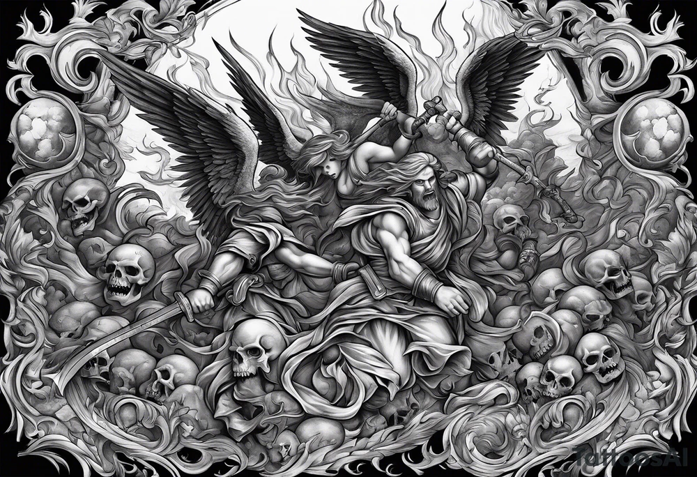 Angels fighting demons over fire with skulls in the background tattoo idea
