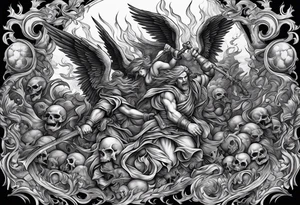 Angels fighting demons over fire with skulls in the background tattoo idea