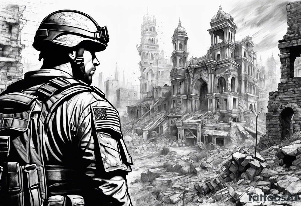 Soilder looking at city ruins tattoo idea