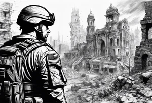 Soilder looking at city ruins tattoo idea