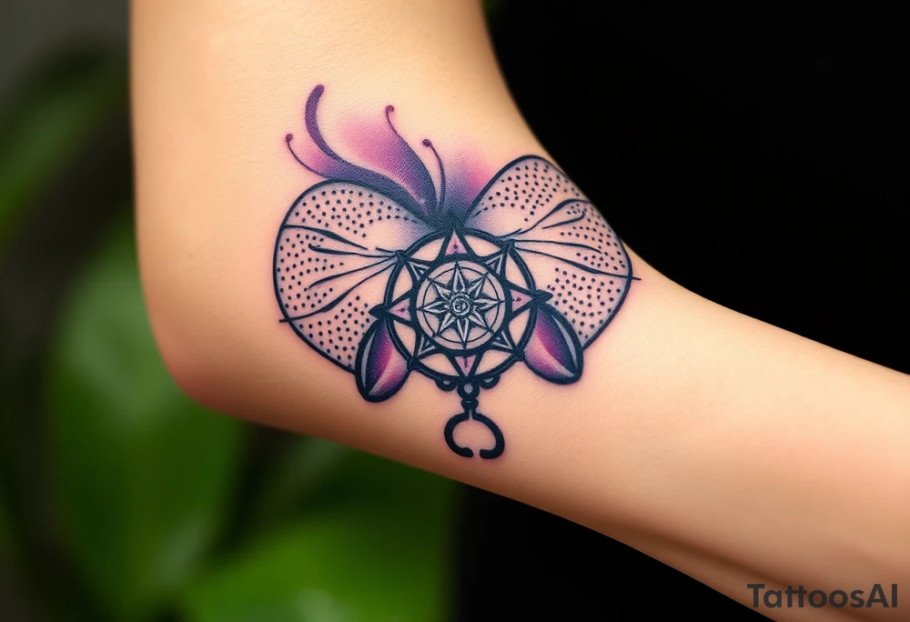 African violet with detailed compass at its center representing feminine power and an ankh or Celtic knot tattoo idea