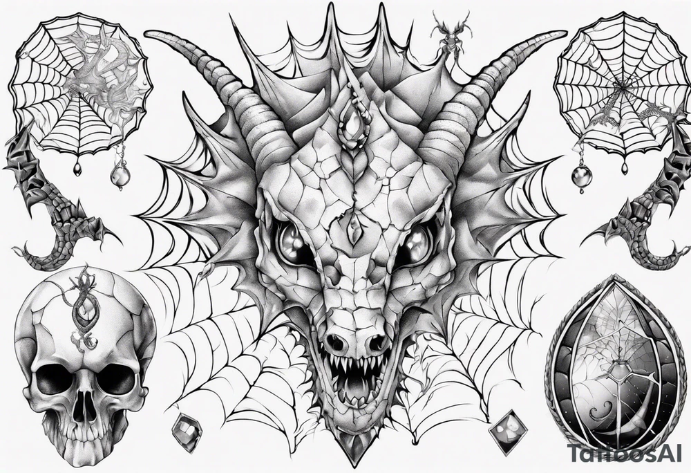 Dragon spiral spiderweb shattered chalices jewels, unicorn horn and a spider tattoo idea